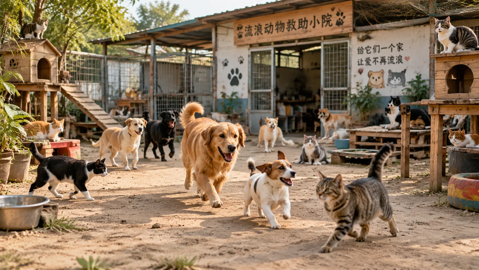 猫狗云投喂主题插画
